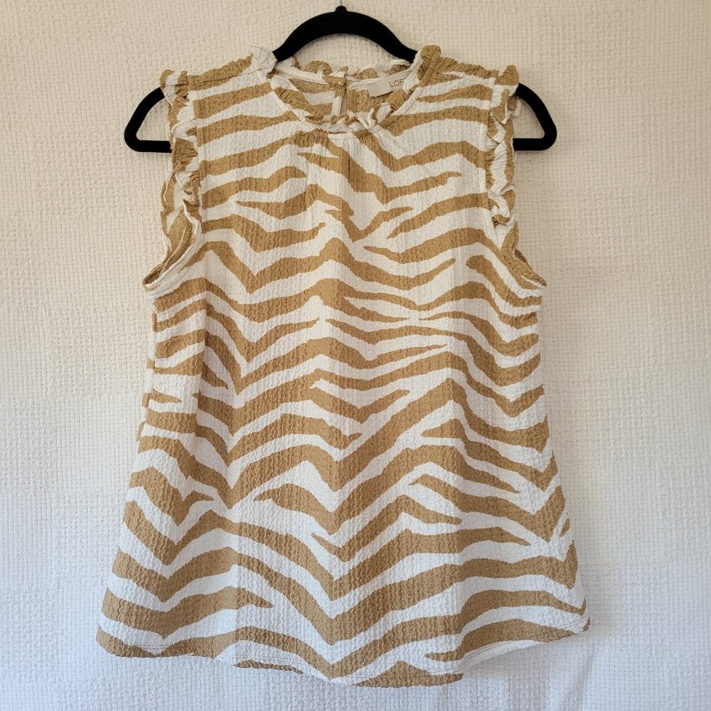 New LOFT Animal Print Textured Ruffle Sleeveless Top in tan and white